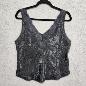 Vintage Deena Black Lace Floral‎ Print Slip Tank Top V-Neck Medium Half Slip